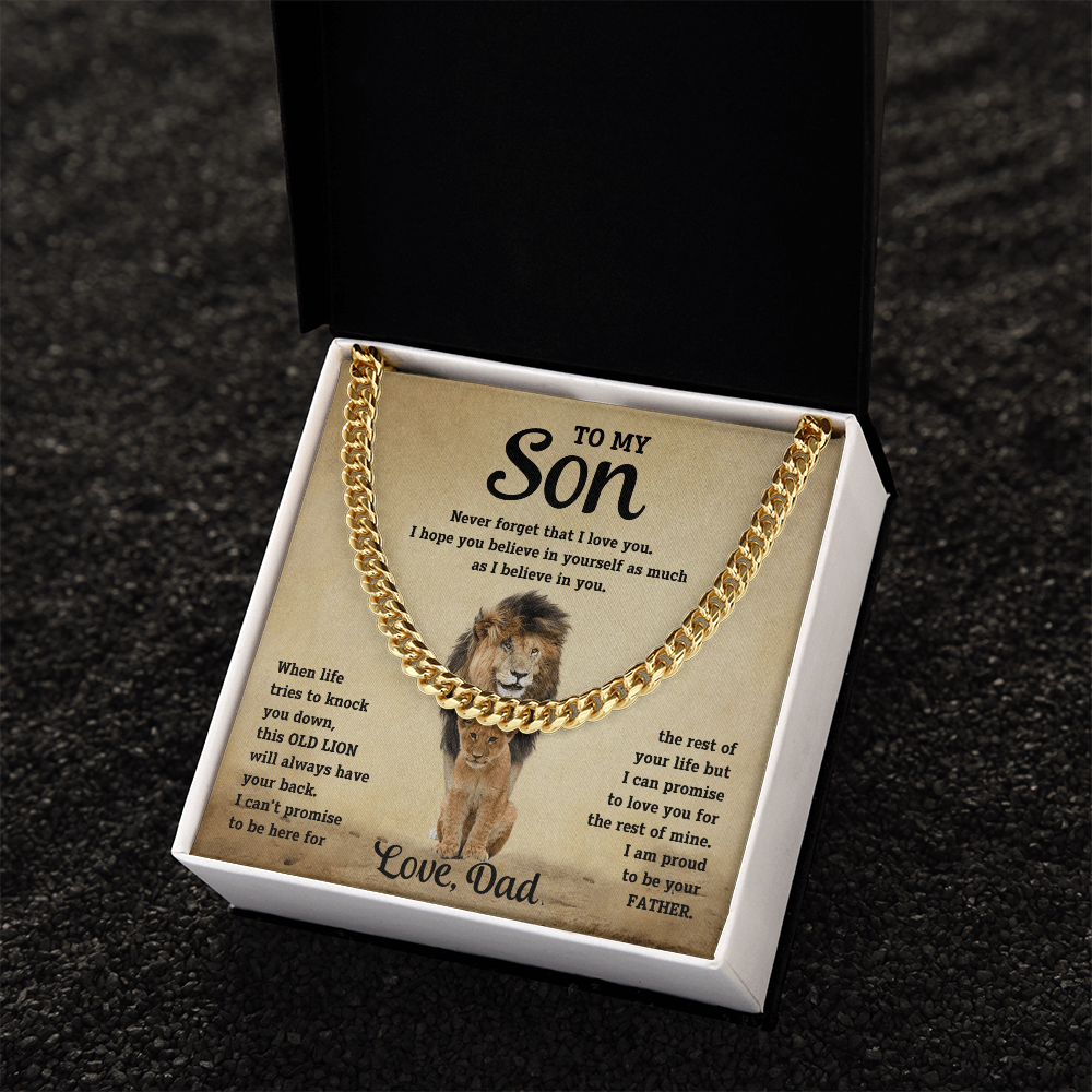 To My Son Old Lion Cuban Link Chain Necklace - Meaningful Gift from Dad