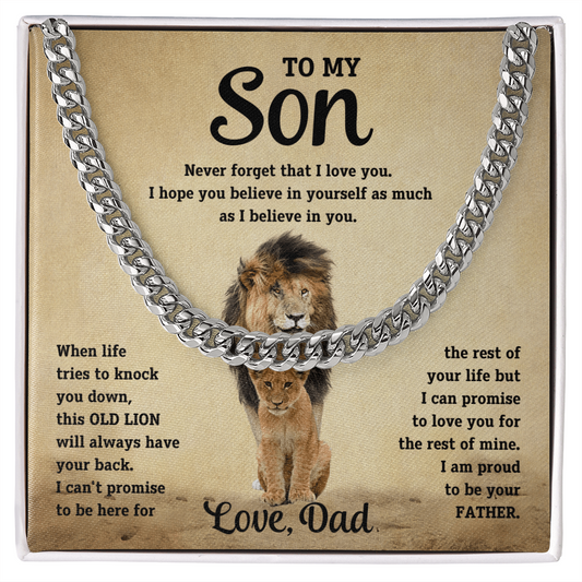 To My Son Old Lion Cuban Link Chain Necklace - Meaningful Gift from Dad