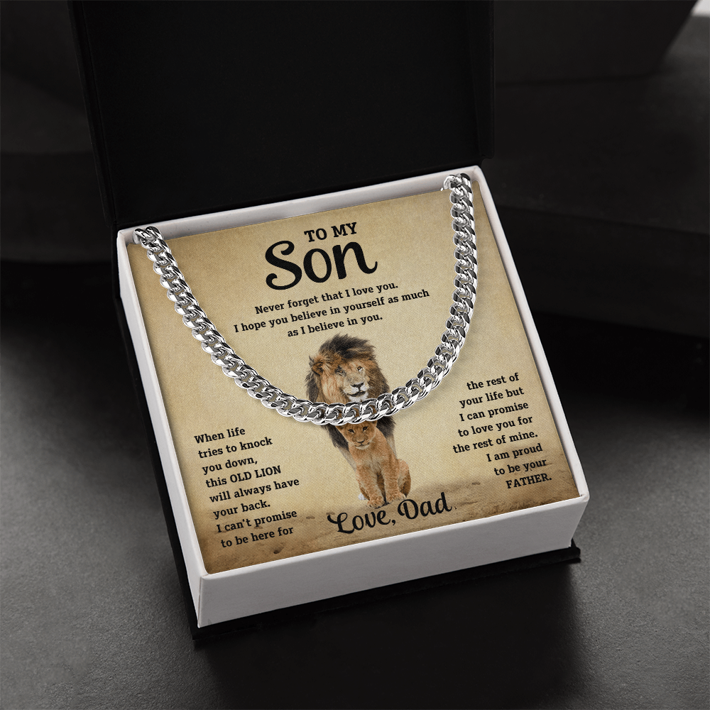 To My Son Old Lion Cuban Link Chain Necklace - Meaningful Gift from Dad