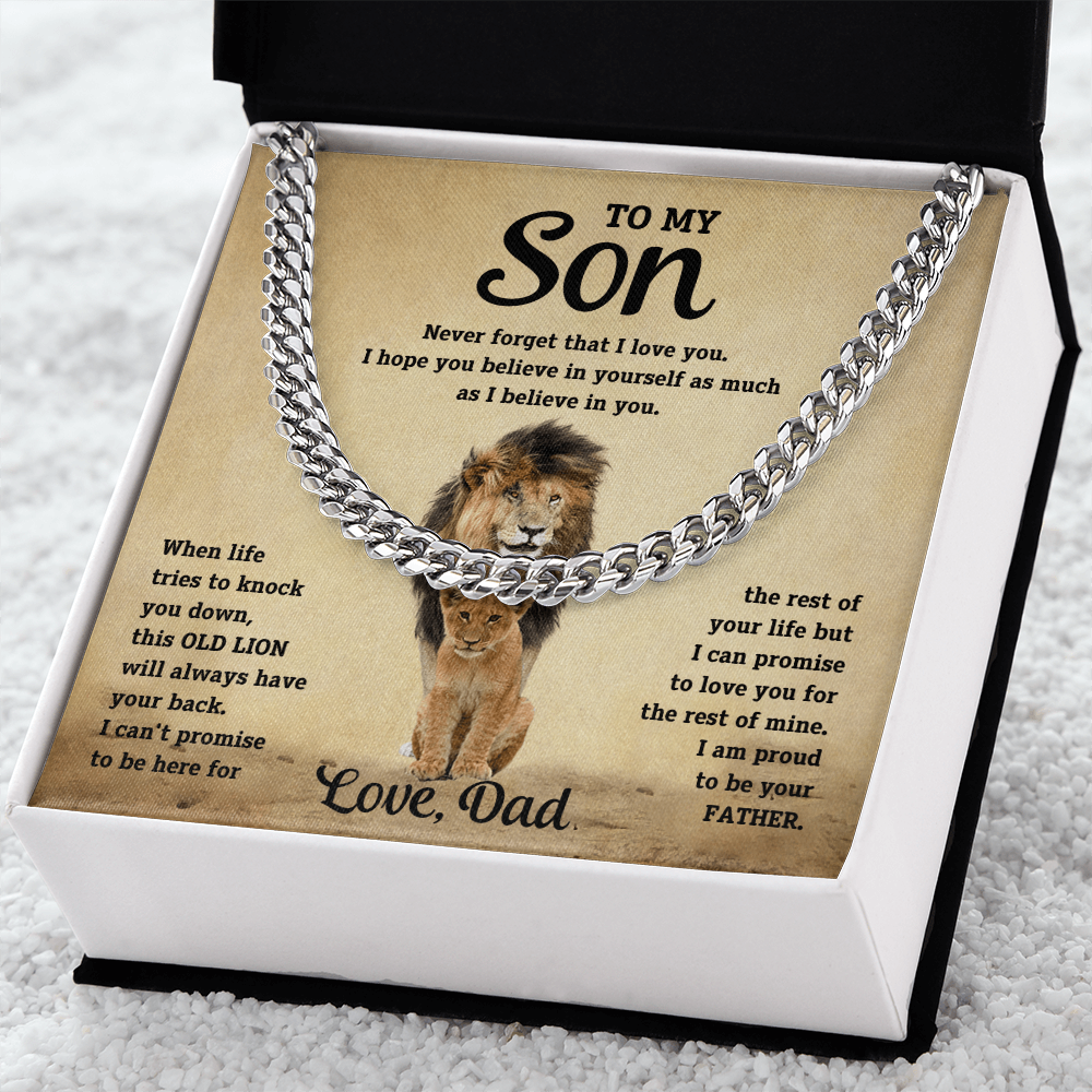 To My Son Old Lion Cuban Link Chain Necklace - Meaningful Gift from Dad