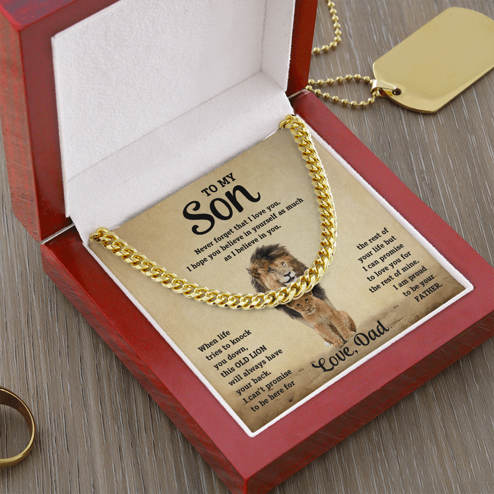 To My Son Old Lion Cuban Link Chain Necklace - Meaningful Gift from Dad