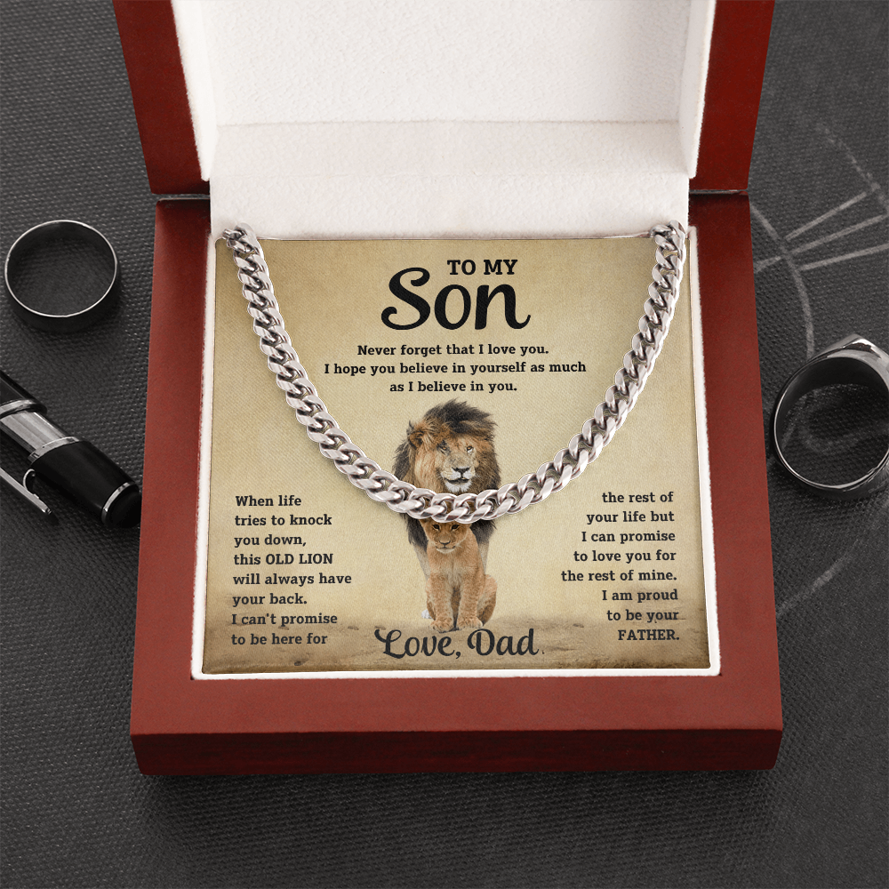 To My Son Old Lion Cuban Link Chain Necklace - Meaningful Gift from Dad