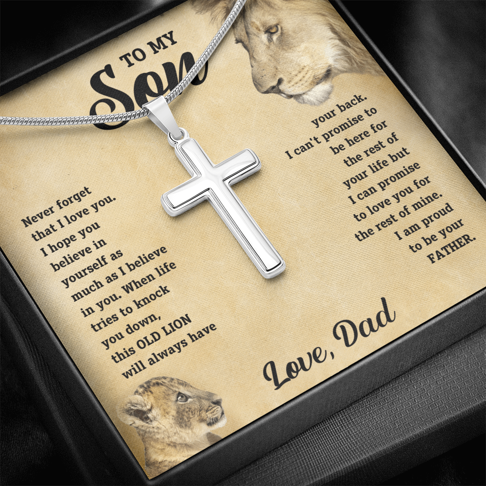 To My Son - Old Lion Artisan Cross Necklace - Meaningful Gift from Dad