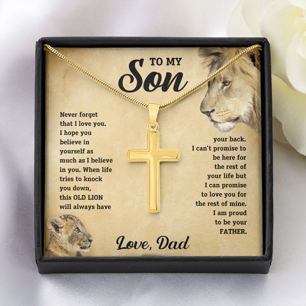 To My Son - Old Lion Artisan Cross Necklace - Meaningful Gift from Dad